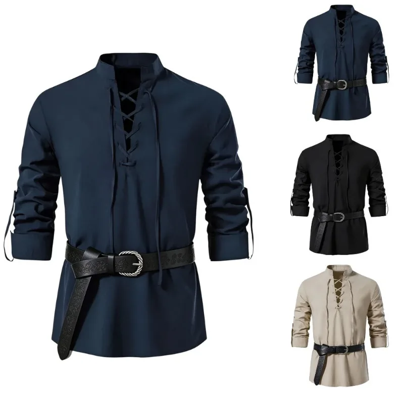Medieval Gothic Lace Up Pirate Shirt - Heren Middeleeuws Viking Shirt met opstaande